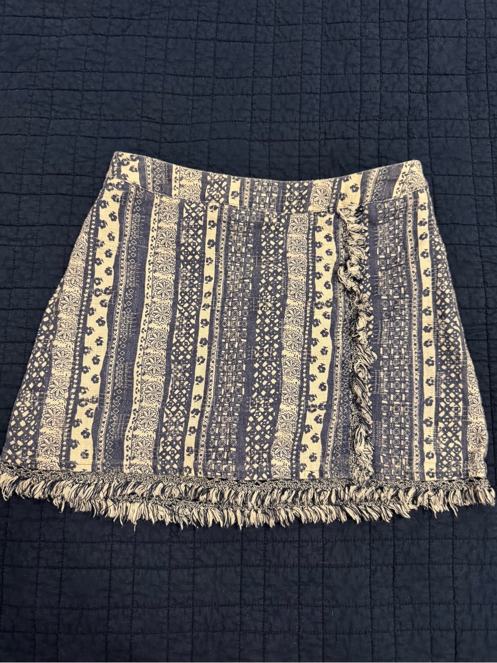 Flying Tomato Navy and Cream Patterned Fringe Mini Skirt, medium
